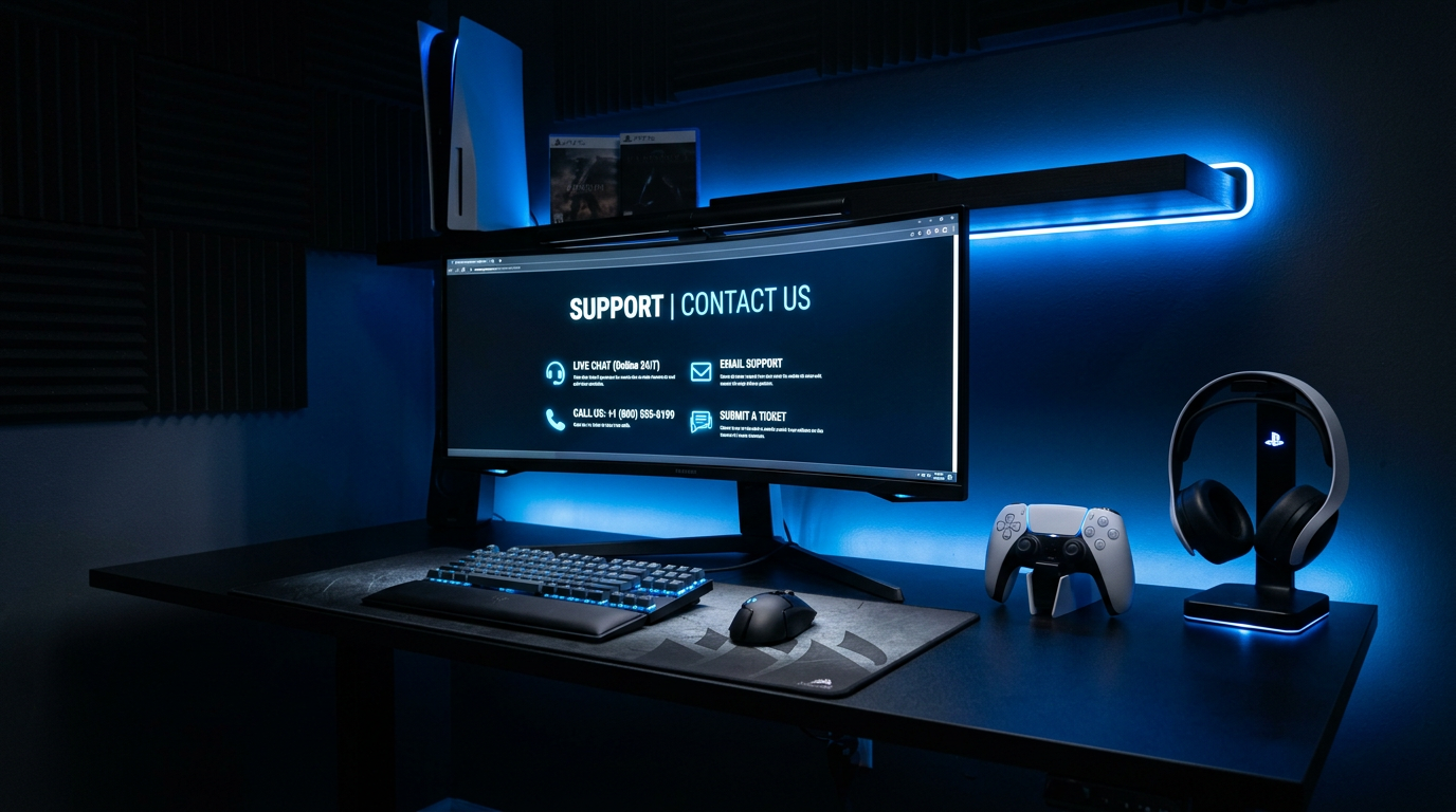 Modern gaming support desk with PS5 controller and ambient blue light