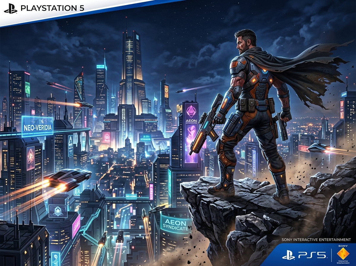 An action adventure video game hero looking out over a futuristic glowing city