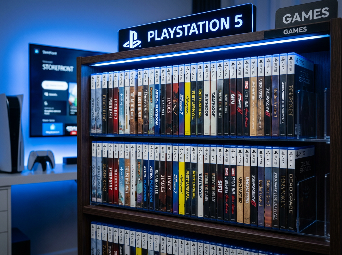A curated shelf of PS5 game cases displayed cleanly with blue accent lighting
