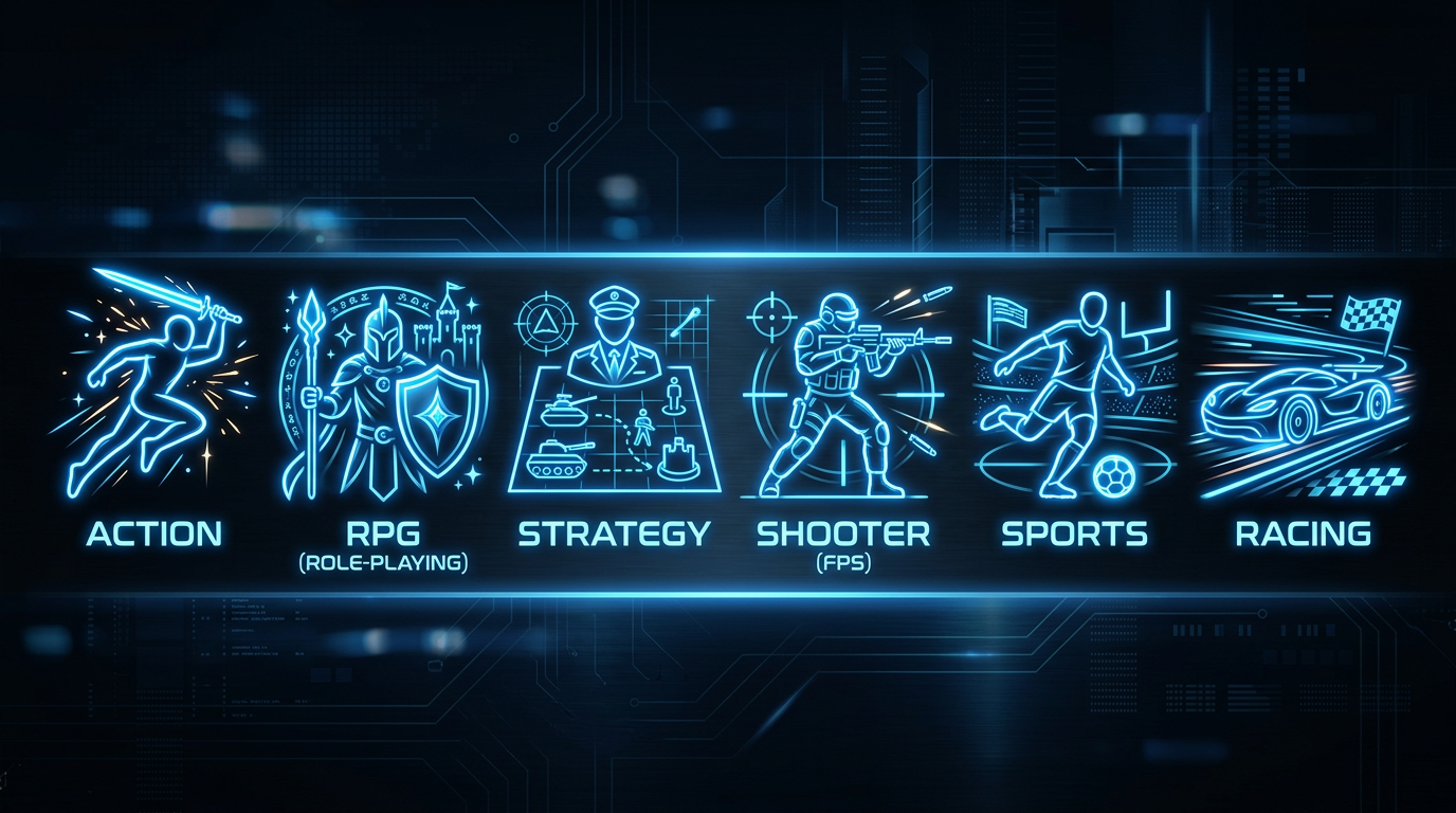 Futuristic digital genre icons glowing with blue accent lights